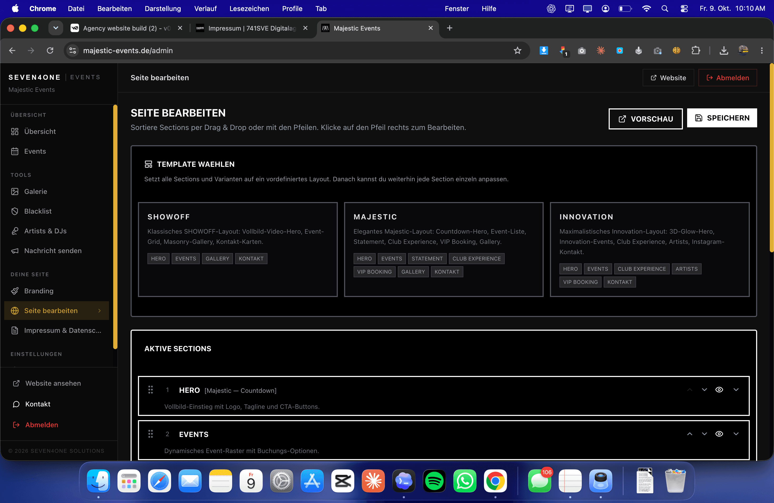 Seiteneditor mit sortierbaren Abschnitten und drei Template-Varianten